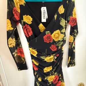 L'AGENCE Black Long-Sleeve Wrap Dress with Red & Yellow Rose Print